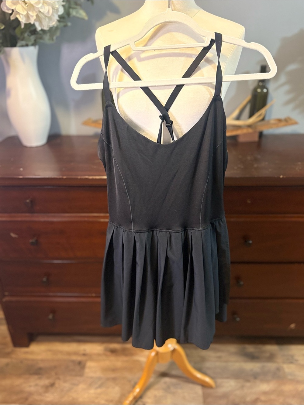 aerie Black Cross-Back Pleated Slip Dress